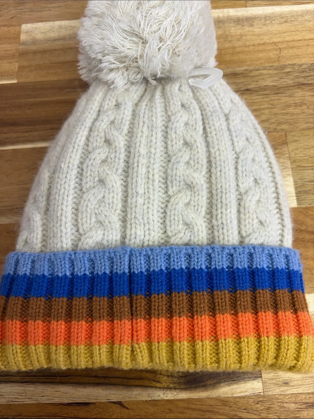 Cable Knit Pom Hat for Kids - Cream with Multicolor Stripe